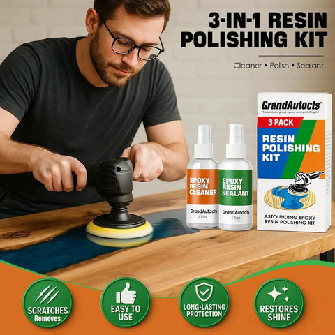 Man using 3 Piece Epoxy Resin Polishing Kit with polish, cleaner, sealant to restore scratched and oxidized epoxy surfaces.