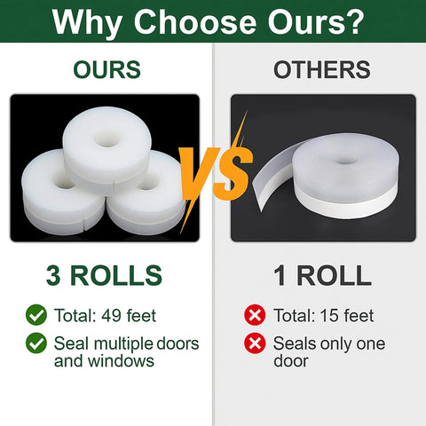 Door weather stripping set with three white silicone rolls totaling 49 ft vs a single 15 ft roll for doors and windows