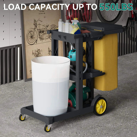 Beefed Up Cleaning Cart On Wheels With 3 Shelf Plastic Design For Janitorial Jobs Includes 2 Yellow 25 Gallon Vinyl Bags And Rubber Gloves In Black By YITAHOME