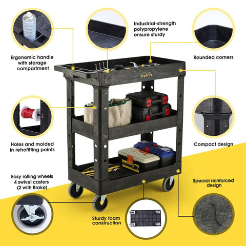Heavy Duty 3 Shelf Utility Cart With 550 Lb Capacity, 34 By 17 By 38.5 Inch Rolling Work Cart, Deep Shelves, 4 Swivel Wheels, Black