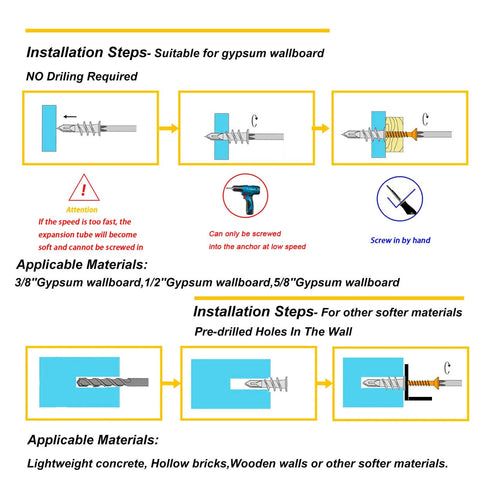 3 Sizes Self Drilling Drywall Anchors installation guide with step-by-step instructions for gypsum and softer wall materials.