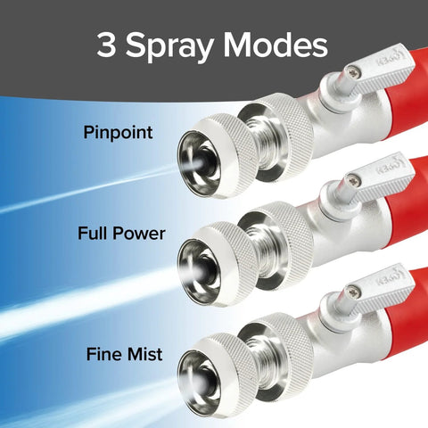 Pocket Hose garden hose nozzle with three spray modes: pinpoint, full power, fine mist; silver aluminum connectors.