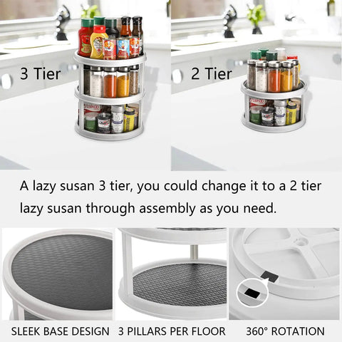 3 Tier Lazy Susan Turntable 12 Inch Round Rotating Kitchen Spice Organizer shown with 2 and 3 tier options, grey color.