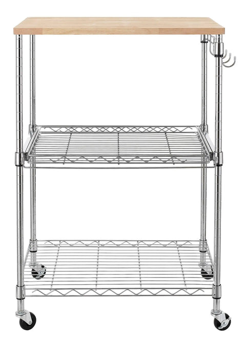 Heavy Duty 3 Tier Rolling Kitchen Cart Workhorse With Oak Wood Top And Drawer Slider Chrome Finish Four Wheels Hooks For Utensils 300 Lb Total Capacity Multi Function Kitchen Island Cart For Cooks And Caterers Finnhomy