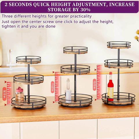 Heavy Duty 3 Tier Lazy Susan Organizer with Adjustable Height and Thickened Wooden Boards on Kitchen Countertop