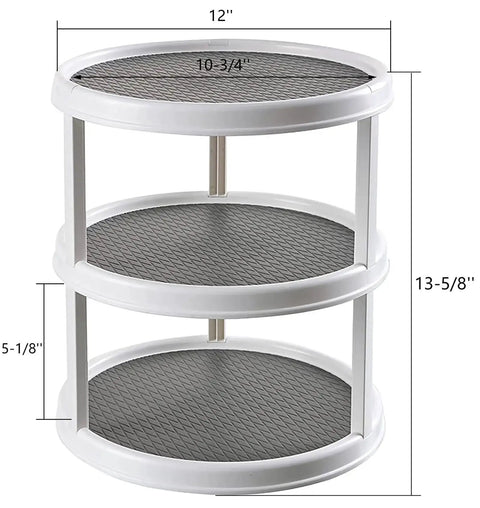 3 Tier Lazy Susan Turntable 12 Inch Round Rotating Kitchen Spice Organizer Non Skid Storage Container in grey, dimensions shown