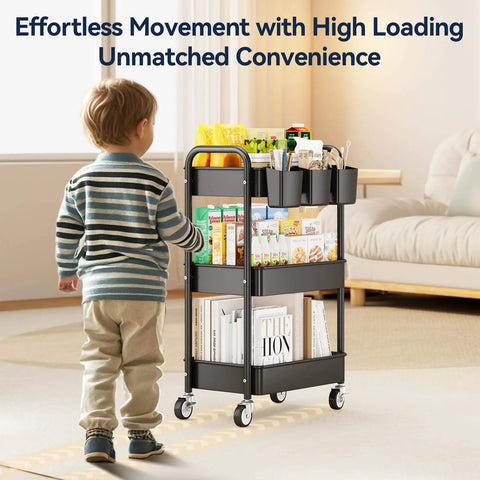 Child pushing Heavy Duty 3 Tier Metal Rolling Cart With Wheels Ultra Sturdy Mesh Shelves Built In Hooks And Hanging Cups 110 Lbs Total Load Capacity With 36 Lbs Per Shelf Perfect For Kitchen Office Or Craft Room Lightweight Yet Tough Steel Design YASONIC in living room