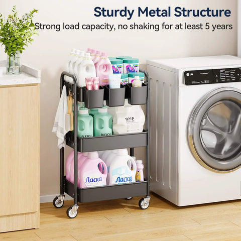 Heavy Duty 3 Tier Metal Rolling Cart With Wheels Ultra Sturdy Mesh Shelves Built In Hooks And Hanging Cups 110 Lbs Total Load Capacity With 36 Lbs Per Shelf Perfect For Kitchen Office Or Craft Room Lightweight Yet Tough Steel Design YASONIC shown next to washing machine loaded with laundry supplies