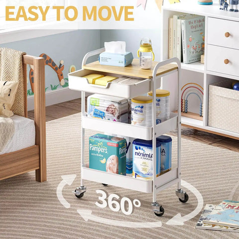 3-Tier Metal Rolling Cart With Wood Top And Drawer, White On Wheels, in nursery with diapers and supplies, for Kitchen, Office, Classroom or Home