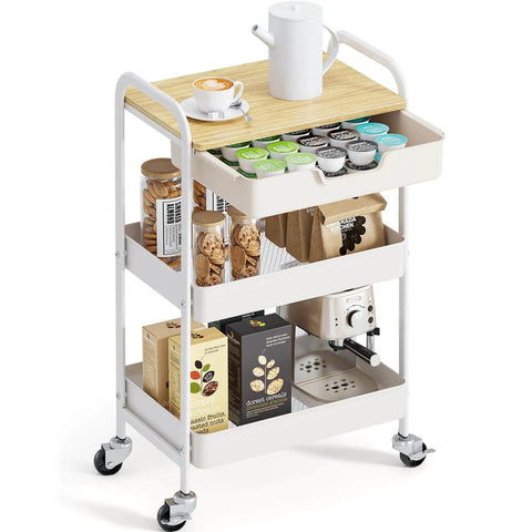 3-Tier Metal Rolling Cart With Wood Top And Drawer, White On Wheels, Multi-Purpose Storage Trolley for Kitchen