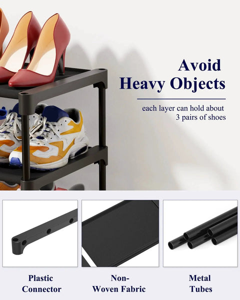 Effortlessly organize shoes with a 3-tier non-woven rack showing two tiers holding different shoe styles, with plastic connectors, metal tubes.