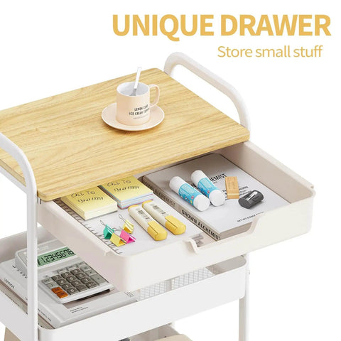 3-Tier Metal Rolling Cart With Wood Top And Drawer, White On Wheels, Multi-Purpose Storage Trolley; close-up of drawer with office supplies.