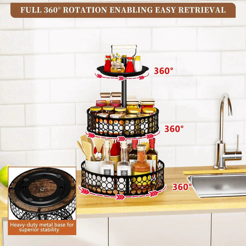 Three-Tier Lazy Susan Organizer With Detachable Metal Rotating Spice Rack on a kitchen countertop