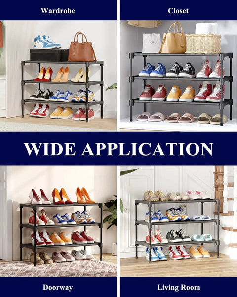 Effortlessly organize shoes with a 3-tier non-woven rack that fits closets, entryways, garages and hallways, stackable, dust-free shelves