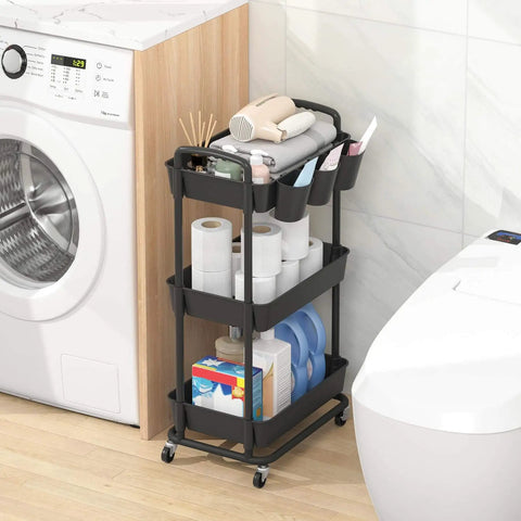 3 Tier Rolling Storage Cart With Lockable Wheels And Extra Hanging Cups For Kitchen, Bathroom, Living Room Or Office Black Heavy Duty Iron Frame, Sturdy Plastic Trays, Smooth Rolling, Easy Assembly By JIUYOTREE loaded with toiletries in bathroom