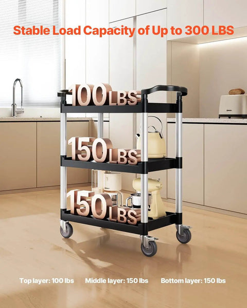 Heavy Duty 3 Tier Utility Cart With 360 Degree Swivel Wheels And Brakes, 300 Lb Load Capacity, shown in a kitchen.