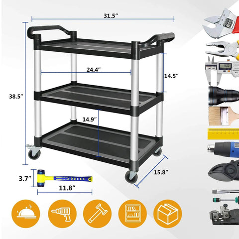 Heavy Duty 3 Tier Utility Cart With Wheels For Restaurant And Warehouse, 420 Lb Capacity, Lockable Wheels, Rubber Hammer Included