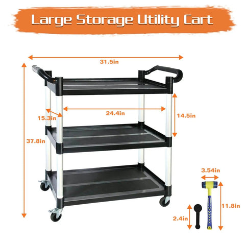 Front view of Built To Haul 3 Tier Utility Cart On Wheels With 510 Lb Capacity For Kitchen Office And Warehouse Rubber Pad Durable Aluminum Frame And High Density Polyethylene Shelves 31.5 x 16.9 x 38.9 Inches Black
