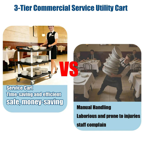 Comparison of Heavy Duty Three Tier Rolling Utility Cart with manual handling in a restaurant setting.