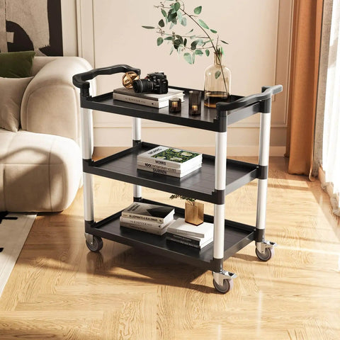 Heavy Duty 3 Tier Utility Cart With 360 Degree Swivel Wheels And Brakes, 300 Lb Load Capacity, in living room setup