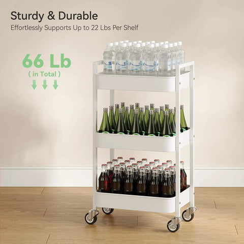 Versatile 3 Tier Rolling Cart With Locking Wheels Hanging Cups And Hooks Heavy Duty Metal Storage Organizer For Kitchen Office