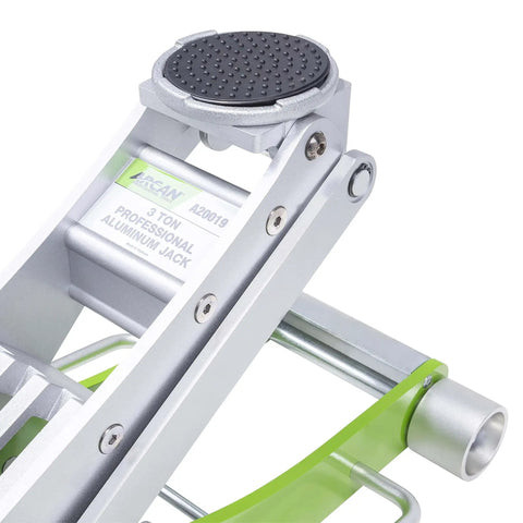 Close-up of 3-Ton Quick Rise Aluminum Floor Jack With Dual Pump Pistons, Reinforced Lift Arm, Model A20019 from side angle