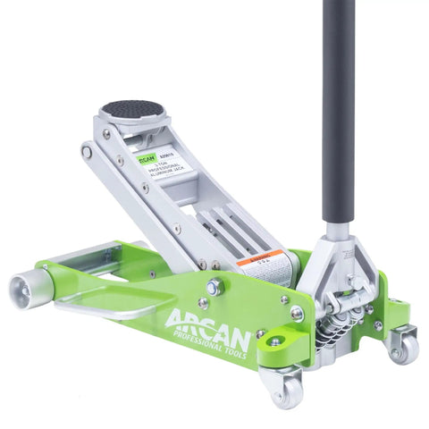 3-Ton Quick Rise Aluminum Floor Jack With Dual Pump Pistons, Reinforced Lift Arm, Side Mount Handle, Low Profile 3.75 Inch Start, 18 Inch Lift Range, Updated Model A20019 shown from the side view with green color and wheels.