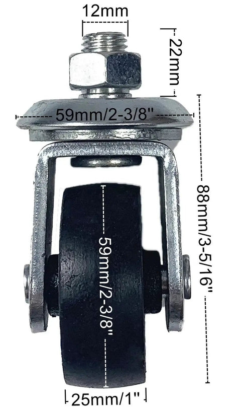 Floor Jack Casters For 3 Ton Jacks, Cast Iron Caster Wheels, Heavy Duty Replacement Parts, Universal Fit, 12mm Stem, Side View