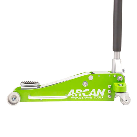 Side view of 3-Ton Hybrid Aluminum And Steel Low Profile Floor Jack With Dual Pump Pistons in green color.