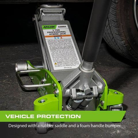 3-Ton Hybrid Aluminum And Steel Low Profile Floor Jack With Dual Pump Pistons lifting a vehicle