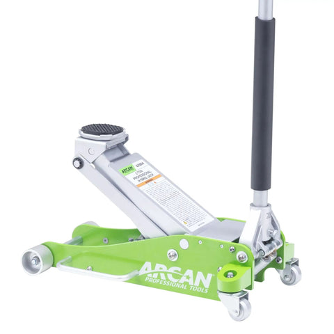 3-Ton Hybrid Aluminum And Steel Low Profile Floor Jack With Dual Pump Pistons in green, side view, for vehicles up to 6000 lbs