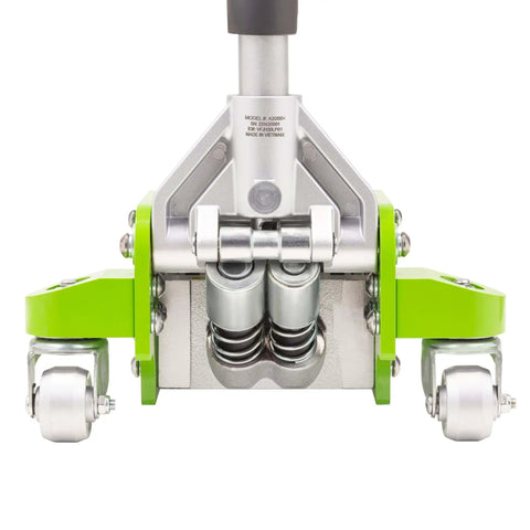 Front view of 3-Ton Hybrid Aluminum And Steel Low Profile Floor Jack With Dual Pump Pistons, reinforced lift arm visible.