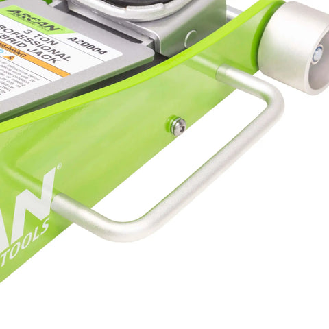 Close-up of 3-Ton Hybrid Aluminum and Steel Low Profile Floor Jack handle and label with dual pump pistons and rubber saddle protection