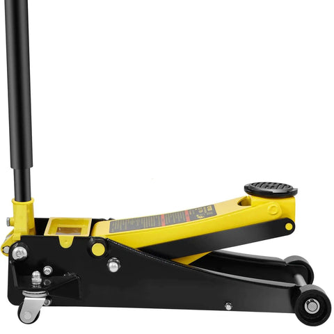 Side view of Three Ton Low Profile Floor Jack With Dual Pistons Quick Lift Pump Heavy Duty Steel Racing Jack for cars.