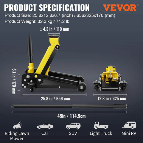 3 Ton Low Profile Floor Jack With Quick Lift Pump For All Terrain Vehicles And Cars Heavy Duty Steel Racing Jack displayed with size specifications.