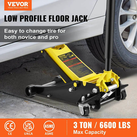 Three Ton Low Profile Floor Jack With Dual Pistons Quick Lift Pump Heavy Duty Steel Racing Jack in use under car