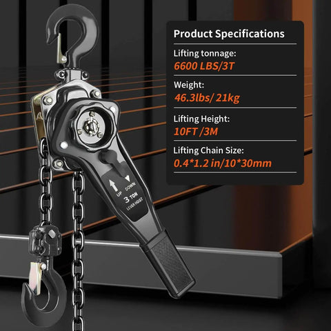3 Ton Manual Chain Hoist 6600 lb Capacity 10 ft Lift Galvanized Steel Double Pawl Brake 360 Swivel Hook Heavy Duty front view