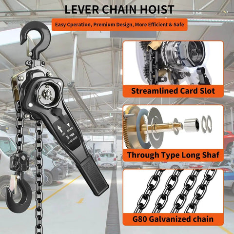 Front view of 3 Ton Manual Chain Hoist 6600 lb Capacity 10 ft Lift Galvanized Steel Double Pawl Brake 360 Swivel Hook Heavy Duty