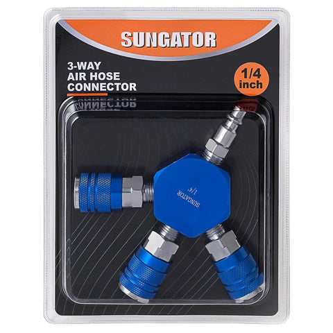 3 Way Air Hose Splitter, 1/4 Inch Quick Connect Manifold With 2 M-Style Couplers And 1 Industrial Air Plug, in package