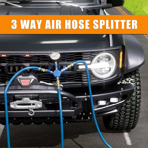 Image showing a 3 Way Air Hose Splitter, 1/4 Inch Quick Connect Manifold with 2 M-Style Couplers and 1 Industrial Air Plug in use.