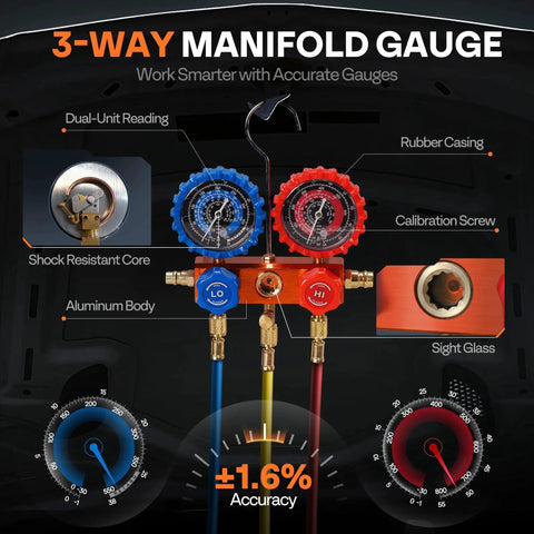 3-way manifold gauge for all in one vacuum pump and gauge kit, features dual-unit reading, aluminum body, sight glass, accurate measuring.