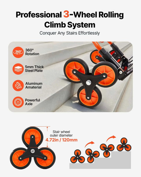 Stair Climbing Cart 260 LBS with 3-wheel system, aluminum body, shown climbing stairs, highlighting durability and ease of use.
