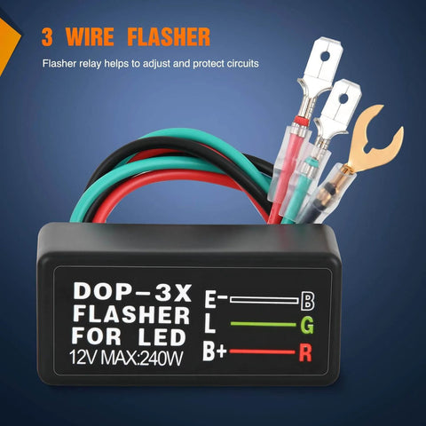 Turn Signal Switch With Flasher Relay Kit And Beefed Up 4 Pin Rocker On Off On Switch Blue LED Laser Etched SPDT Toggle for ATV UTV Tractor Motorcycle Left Right Signal 12V 20A 24V 10A Jumper Wires, showing 3-wire DOP-3X LED flasher with colored wires and labeled terminals.