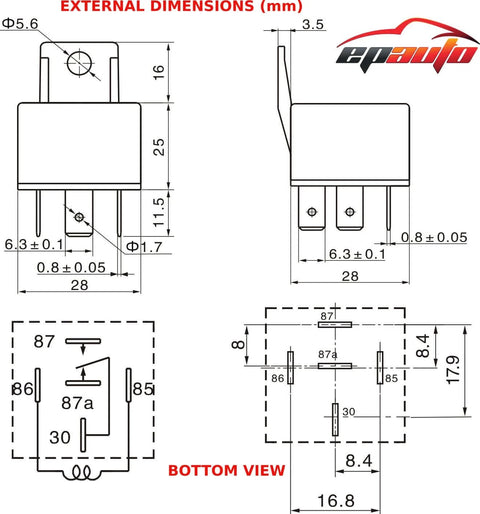 Diagram showing dimensions and pin configuration of a relay from Beefy Built 30 40 Amp SPDT Relay Harness Kit For 12V Automotive Use Bosch Style 4 Pack With Relays Sockets Wires And Pigtails UL Listed 6 Inch Leads Included