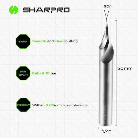 V Groove O Flute Chamfer Router Bit 30 Degree One Quarter Inch Shank CNC Carbide V Bit for engraving and chamfering letters