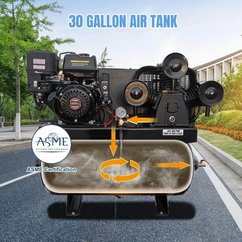 HPDMC 13HP Gas Powered Air Compressor, 3-Cylinder, 30 Gallon Horizontal Tank, Piston Pump Air Compressed System (125 PSI @ 44 CFM) with ASME certification, street view.