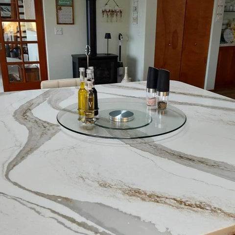30 Inch Heavy Duty Lazy Susan Turntable with Extra Thick 1/3 Inch Tempered Glass Anti Tip Silent Rotation Design on dining table