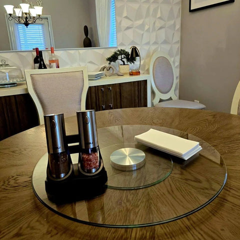 30 Inch Heavy Duty Lazy Susan Turntable with Extra Thick 1/3 Inch Tempered Glass Anti Tip Silent Rotation Design on dining table