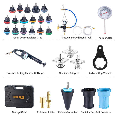 KOOPOOL 30pcs Radiator Pressure Tester Kit with color-coded caps, vacuum purge tool, gauge, pump, adapters, wrench, and case
