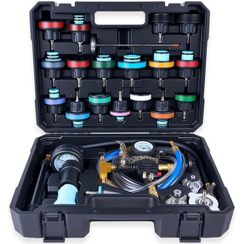 KOOPOOL radiator pressure tester kit, 30-piece set with colorful adapters in a black hard case